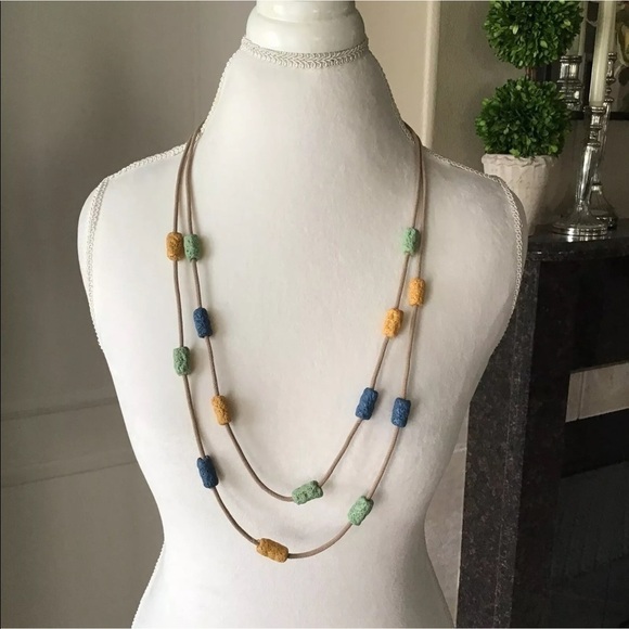 LAST 1! NEW Lava Bead Necklace & Earring SET Green Blue Gold Tube Beads on Cord - Picture 1 of 10